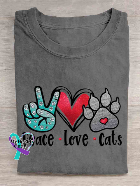 Peace Love and Cat Art T shirt Grey / S
