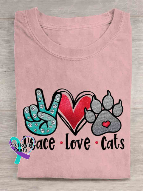 Peace Love and Cat Art T shirt Pink / S