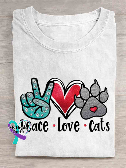 Peace Love and Cat Art T shirt White / S