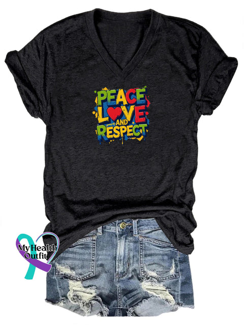 Peace Love and Respect Printed Casual V-Neck Short-Sleeve T-Shirt Black / S