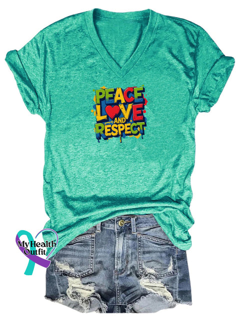 Peace Love and Respect Printed Casual V-Neck Short-Sleeve T-Shirt Cyan / S