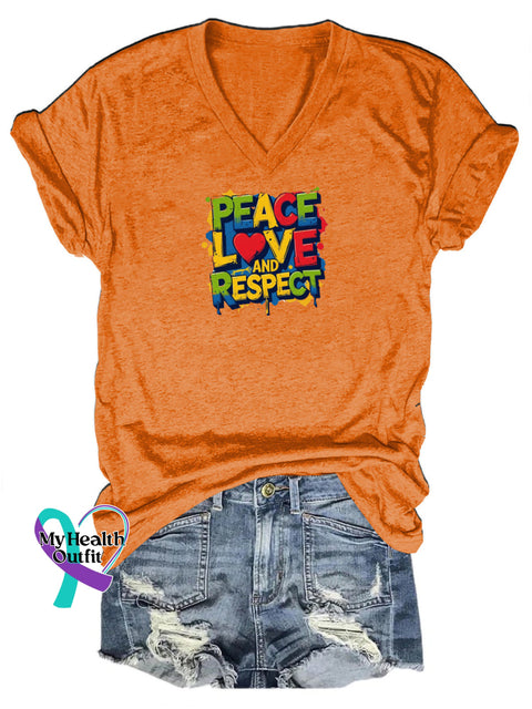 Peace Love and Respect Printed Casual V-Neck Short-Sleeve T-Shirt Orange / S