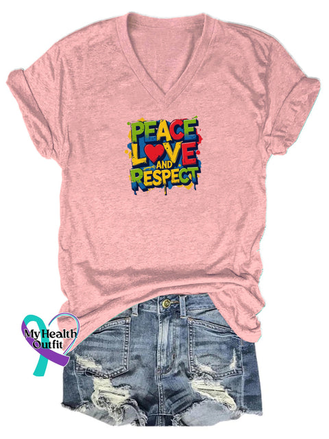 Peace Love and Respect Printed Casual V-Neck Short-Sleeve T-Shirt Pink / S