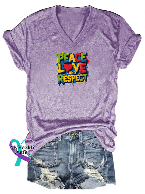 Peace Love and Respect Printed Casual V-Neck Short-Sleeve T-Shirt Purple / S