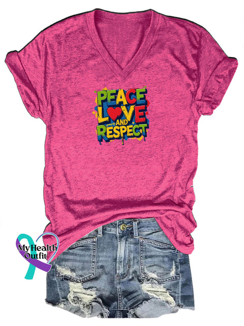Peace Love and Respect Printed Casual V-Neck Short-Sleeve T-Shirt RoseRed / S