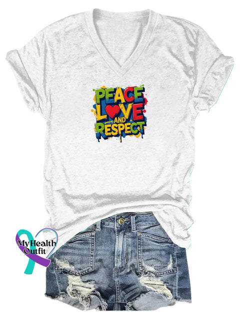 Peace Love and Respect Printed Casual V-Neck Short-Sleeve T-Shirt White / S