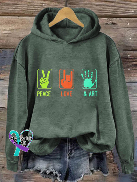 Peace Love Art Print Casual Hoodie Sweatshirt Green / S