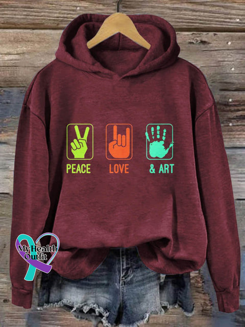 Peace Love Art Print Casual Hoodie Sweatshirt Maroon / S