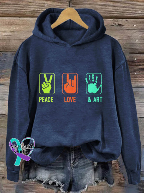 Peace Love Art Print Casual Hoodie Sweatshirt Navy Blue / S