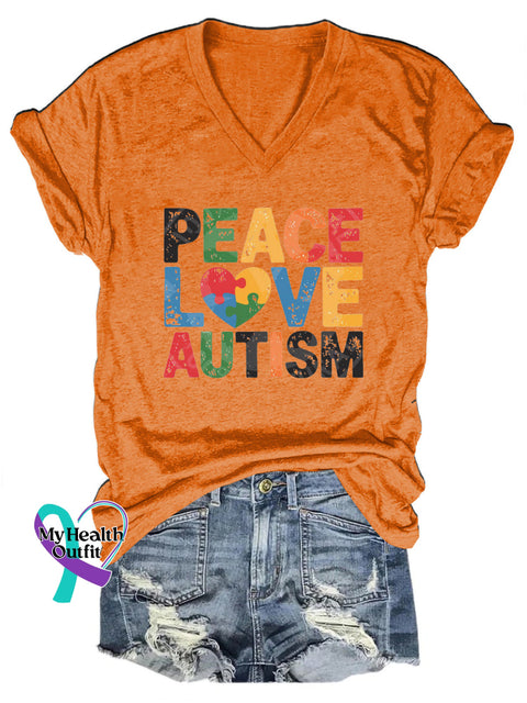 Peace Love Autism Casual V-Neck Short Sleeve T-Shirt Orange / S