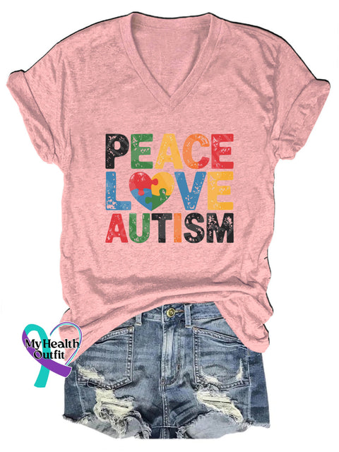 Peace Love Autism Casual V-Neck Short Sleeve T-Shirt Pink / S