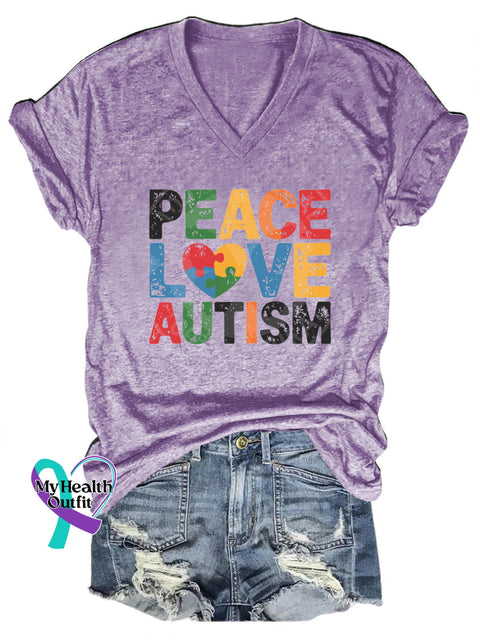 Peace Love Autism Casual V-Neck Short Sleeve T-Shirt Purple / S