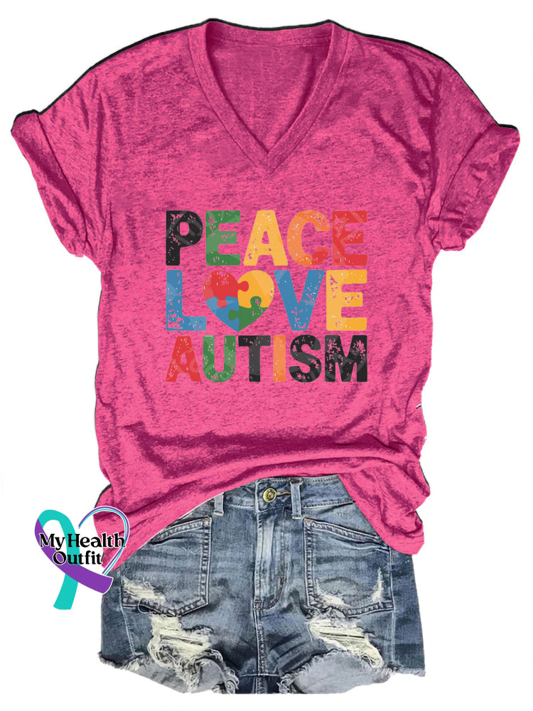 Peace Love Autism Casual V-Neck Short Sleeve T-Shirt RoseRed / S