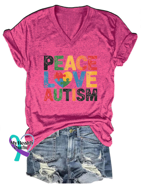 Peace Love Autism Casual V-Neck Short Sleeve T-Shirt RoseRed / S