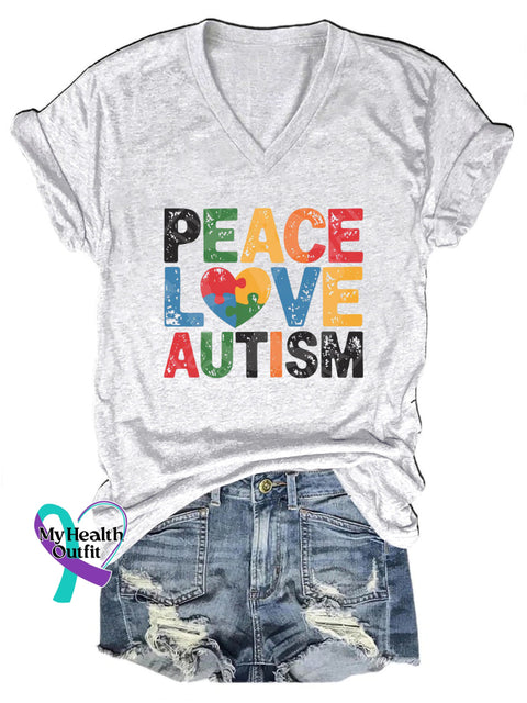 Peace Love Autism Casual V-Neck Short Sleeve T-Shirt White / S