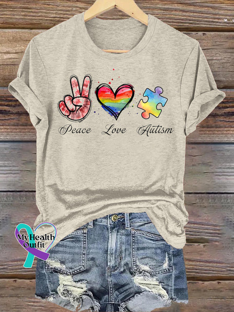 Peace Love Autism Print Casual Crew Neck Short Sleeve T-Shirt Beige / S