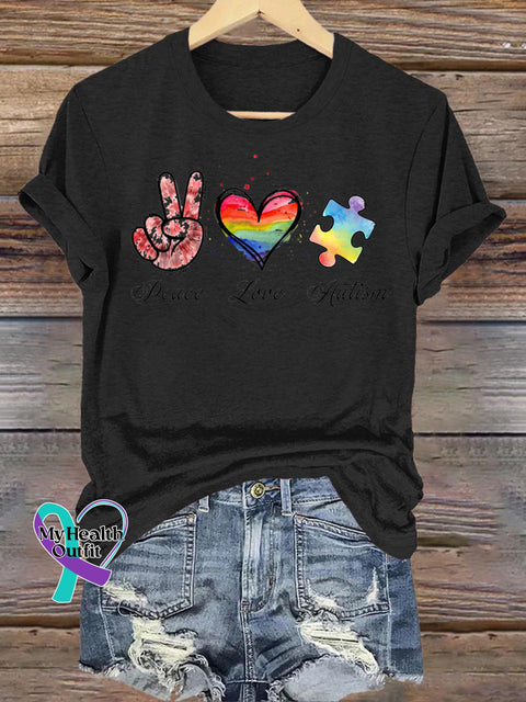 Peace Love Autism Print Casual Crew Neck Short Sleeve T-Shirt Black / S