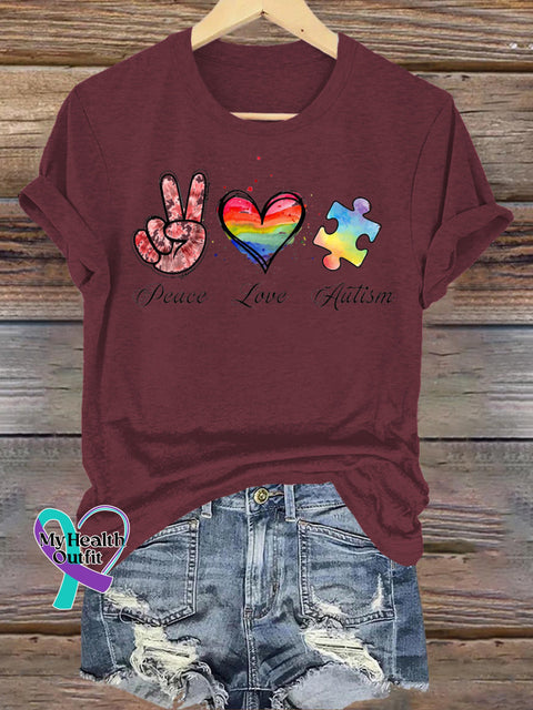 Peace Love Autism Print Casual Crew Neck Short Sleeve T-Shirt Brown / S