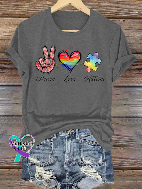 Peace Love Autism Print Casual Crew Neck Short Sleeve T-Shirt Grey / S