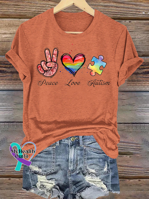 Peace Love Autism Print Casual Crew Neck Short Sleeve T-Shirt Orange / S