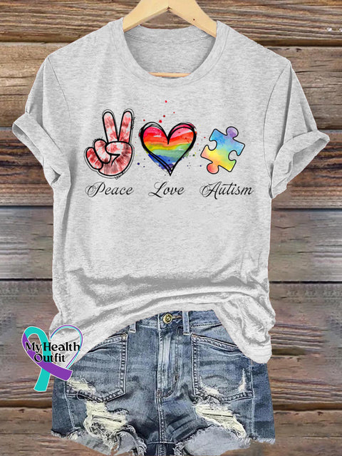 Peace Love Autism Print Casual Crew Neck Short Sleeve T-Shirt White / S
