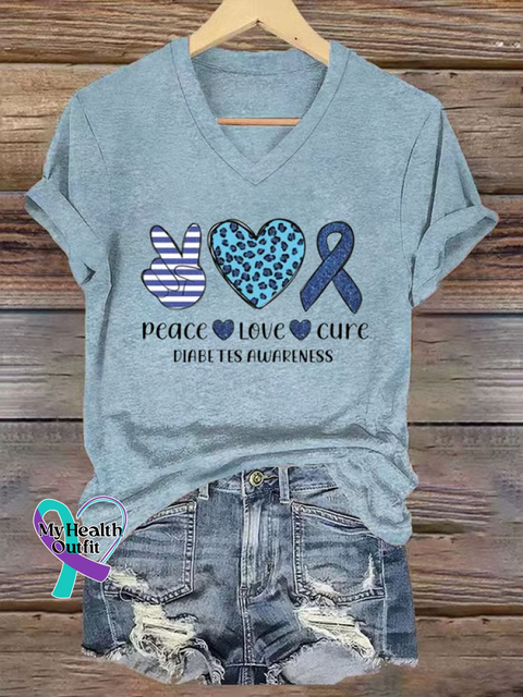Peace Love Cure Diabetes Awareness V-neck Casual T-shirt Blue / S