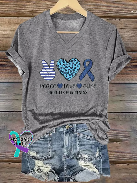 Peace Love Cure Diabetes Awareness V-neck Casual T-shirt Grey / S