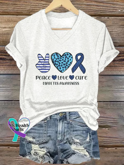 Peace Love Cure Diabetes Awareness V-neck Casual T-shirt White / S
