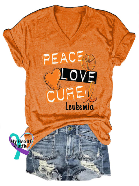 Peace Love Cure Multiple Sclerosis Printed V-Neck Casual Short Sleeve T-Shirt Orange / S