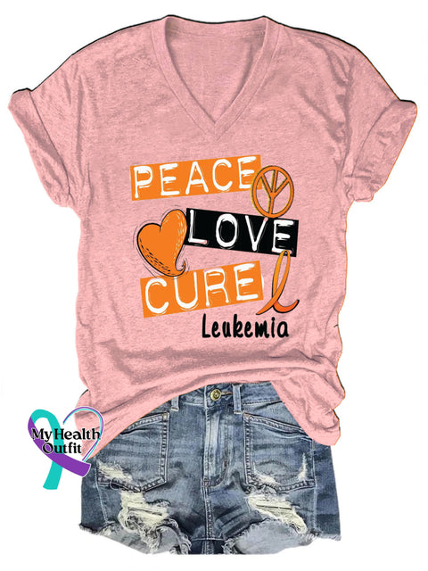 Peace Love Cure Multiple Sclerosis Printed V-Neck Casual Short Sleeve T-Shirt Pink / S