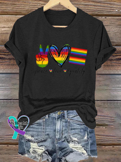 Peace Love Equality Rainbow Casual Round Neck Short Sleeve T-Shirt Black / S