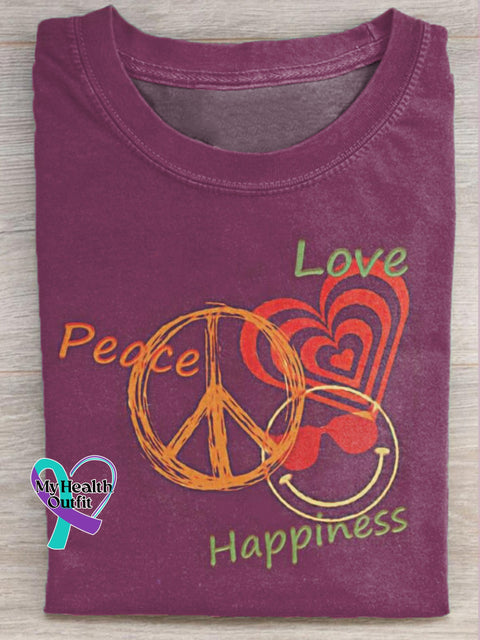 Peace Love Happiness Printed Casual Round Neck Short Sleeve T-Shirt Multicolor / S
