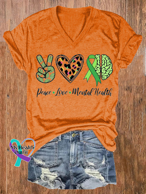 Peace Love Mental Health Printed Casual V-Neck Short Sleeve T-Shirt Orange / S