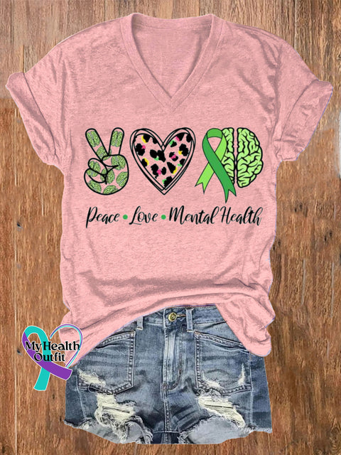 Peace Love Mental Health Printed Casual V-Neck Short Sleeve T-Shirt Pink / S