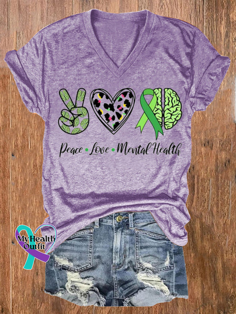Peace Love Mental Health Printed Casual V-Neck Short Sleeve T-Shirt Purple / S