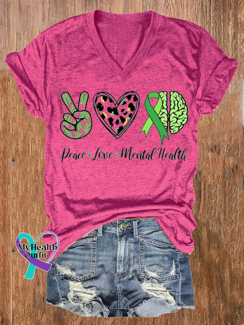 Peace Love Mental Health Printed Casual V-Neck Short Sleeve T-Shirt RoseRed / S