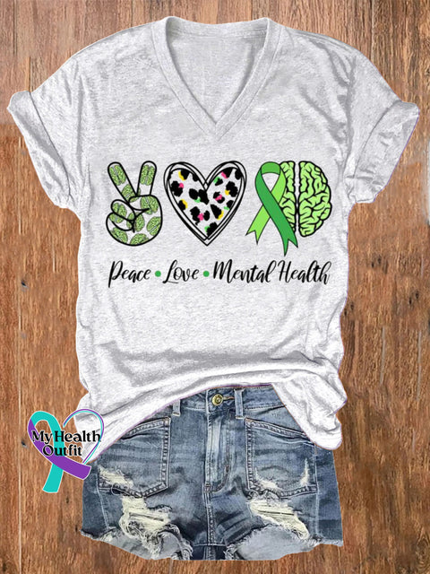Peace Love Mental Health Printed Casual V-Neck Short Sleeve T-Shirt White / S