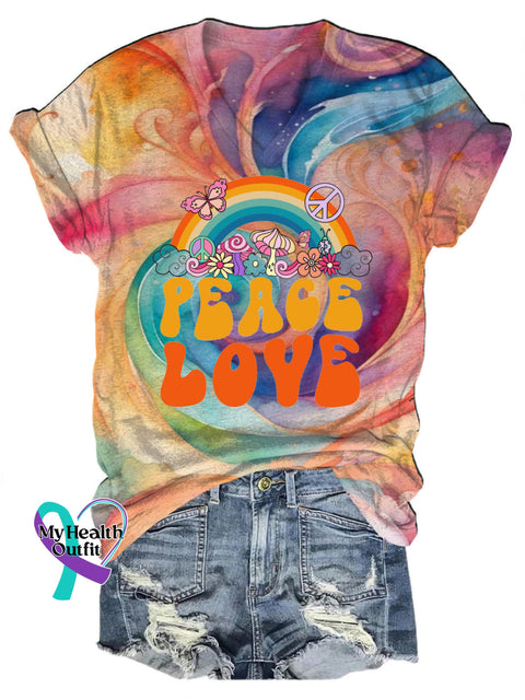 Peace Love Rainbow Print Casual V-Neck Short Sleeve T-Shirt Multicolor / S