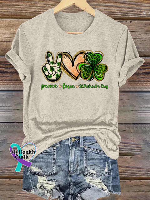 Peace&Love&St. Patrick’s Day Round Neck Casual Short Sleeve Beige / S