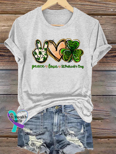 Peace&Love&St. Patrick’s Day Round Neck Casual Short Sleeve White / S