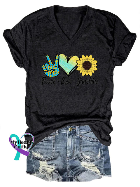 Peace Love Sunshine Printed Casual V-Neck Short Sleeve T-Shirt Black / S