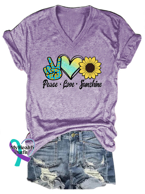 Peace Love Sunshine Printed Casual V-Neck Short Sleeve T-Shirt Purple / S