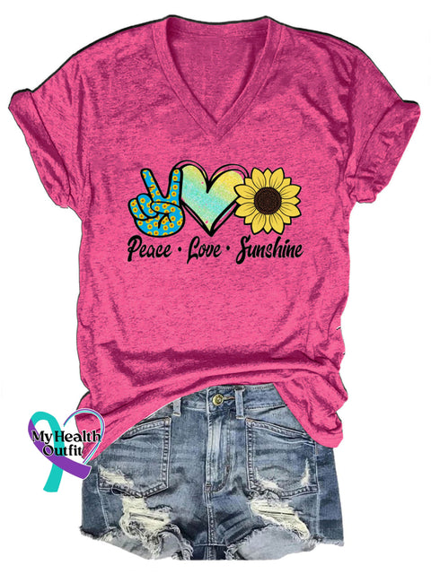 Peace Love Sunshine Printed Casual V-Neck Short Sleeve T-Shirt RoseRed / S