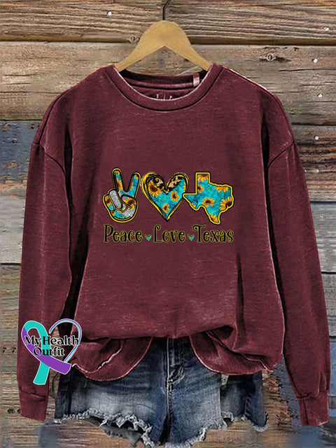 Peace Love Texas Crew Neck Long Sleeve Casual Sweatshirt Claret / S