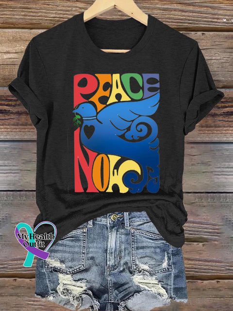 Peace Now Peace Dove Printed Casual Round Neck Short Sleeve T-Shirt Black / S