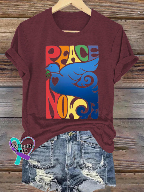 Peace Now Peace Dove Printed Casual Round Neck Short Sleeve T-Shirt Brown / S