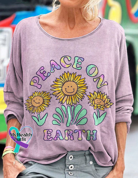 Peace On Earth Printed Crew Neck Loose Women’s T-Shirt Photo Color / S