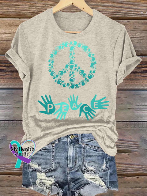 Peace Printed Casual Round Neck Short Sleeve Beige / S