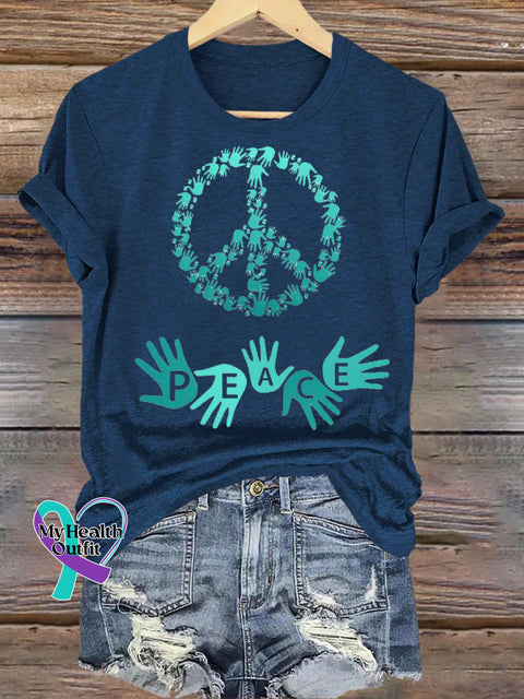 Peace Printed Casual Round Neck Short Sleeve NavyBlue / S