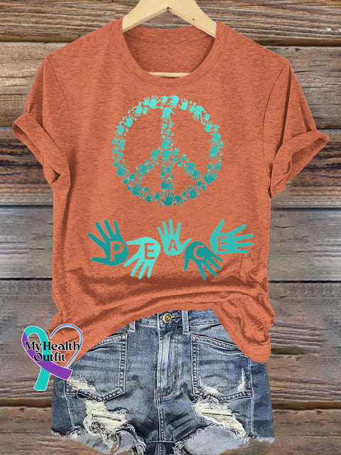 Peace Printed Casual Round Neck Short Sleeve Orange / S